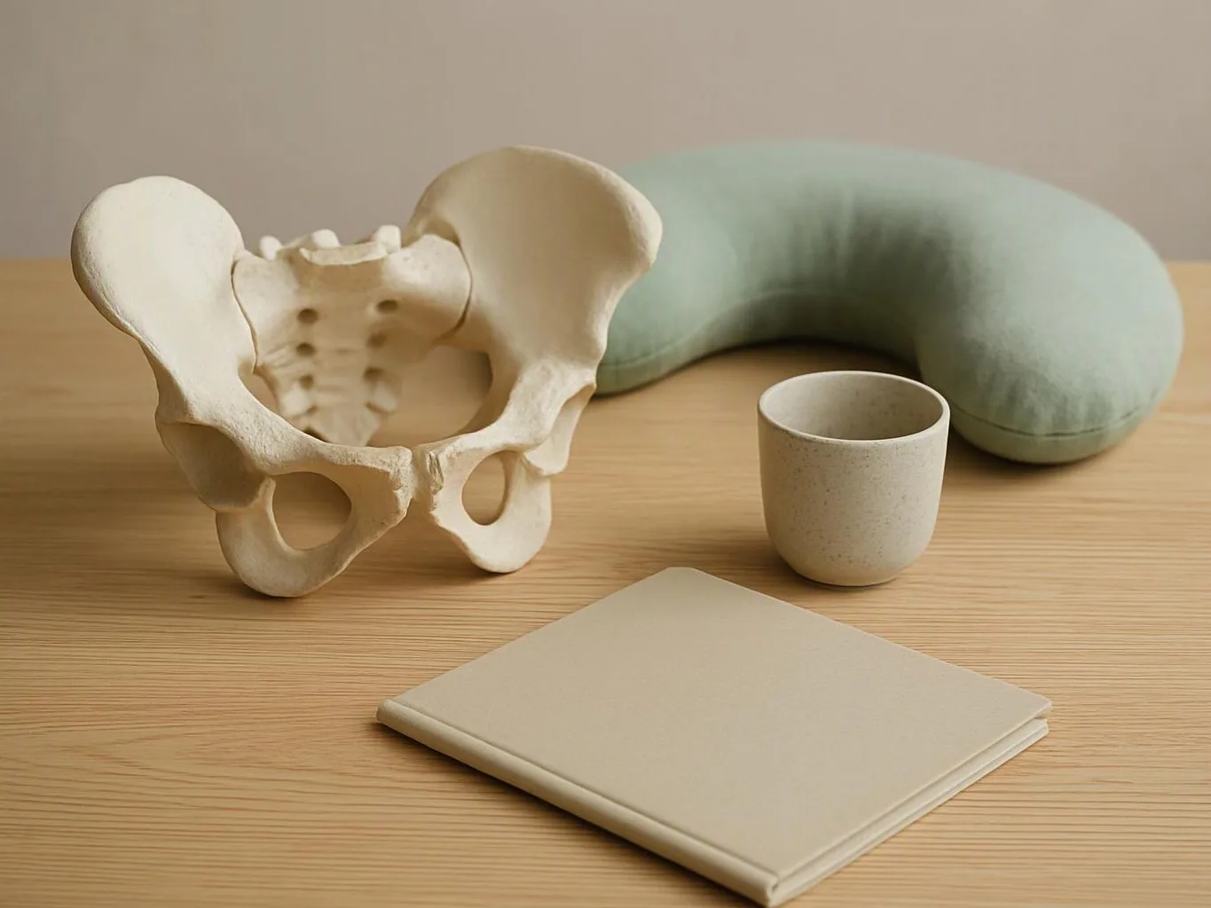 A pelvis bone model, a green neck pillow, a small cup, and a folded notebook sit on a wooden table