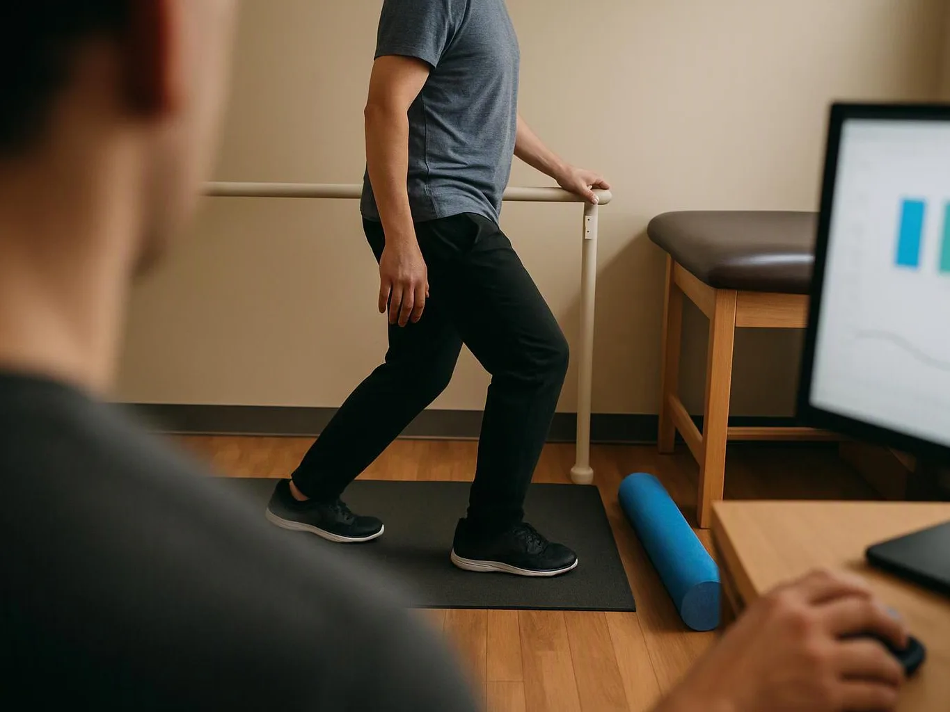 A person does a balance exercise beside a barre in a therapy room with a mat and foam roller