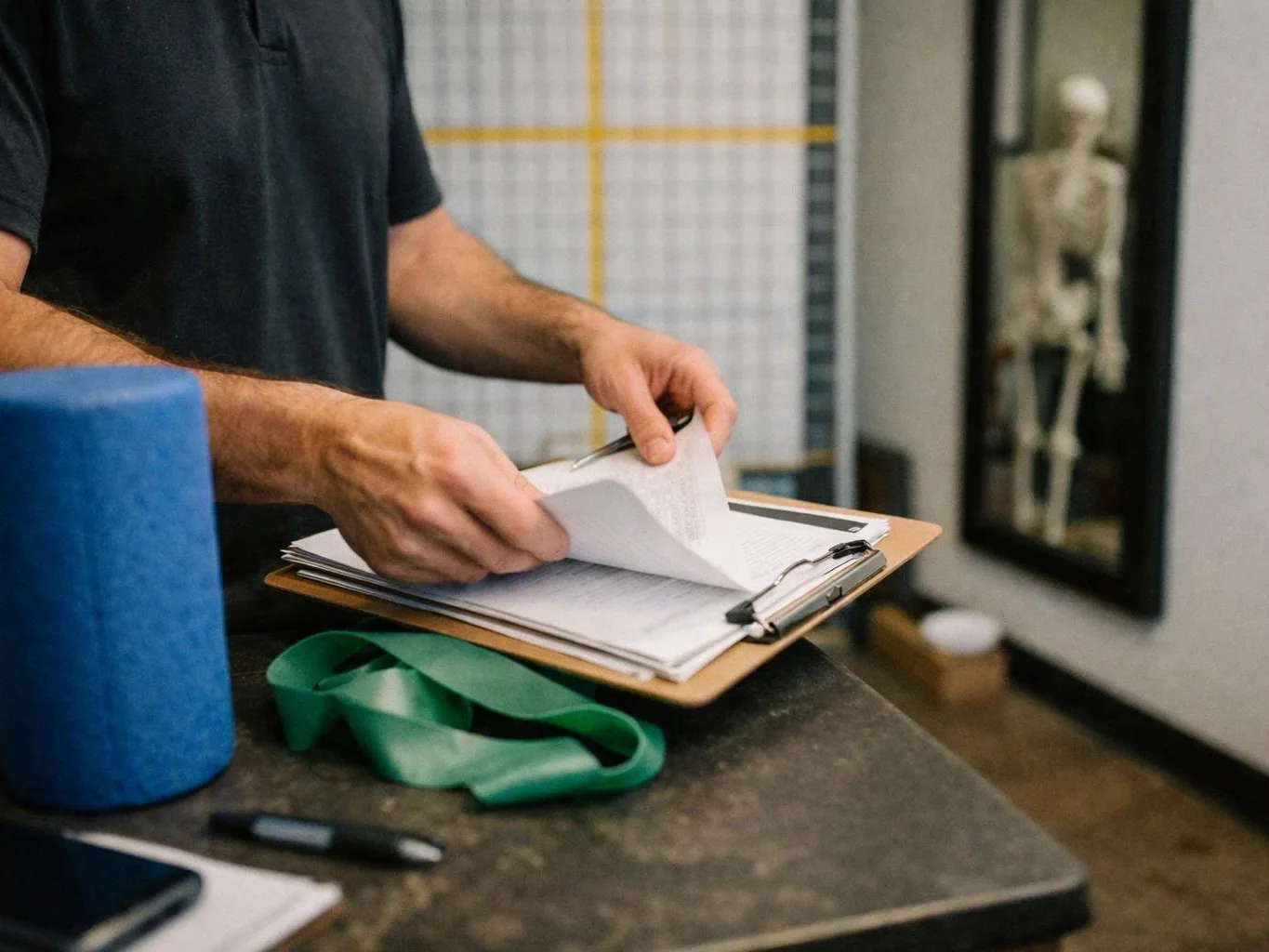A person flips through papers on a clipboard at a counter, with a blue foam roller and resistance band nearby