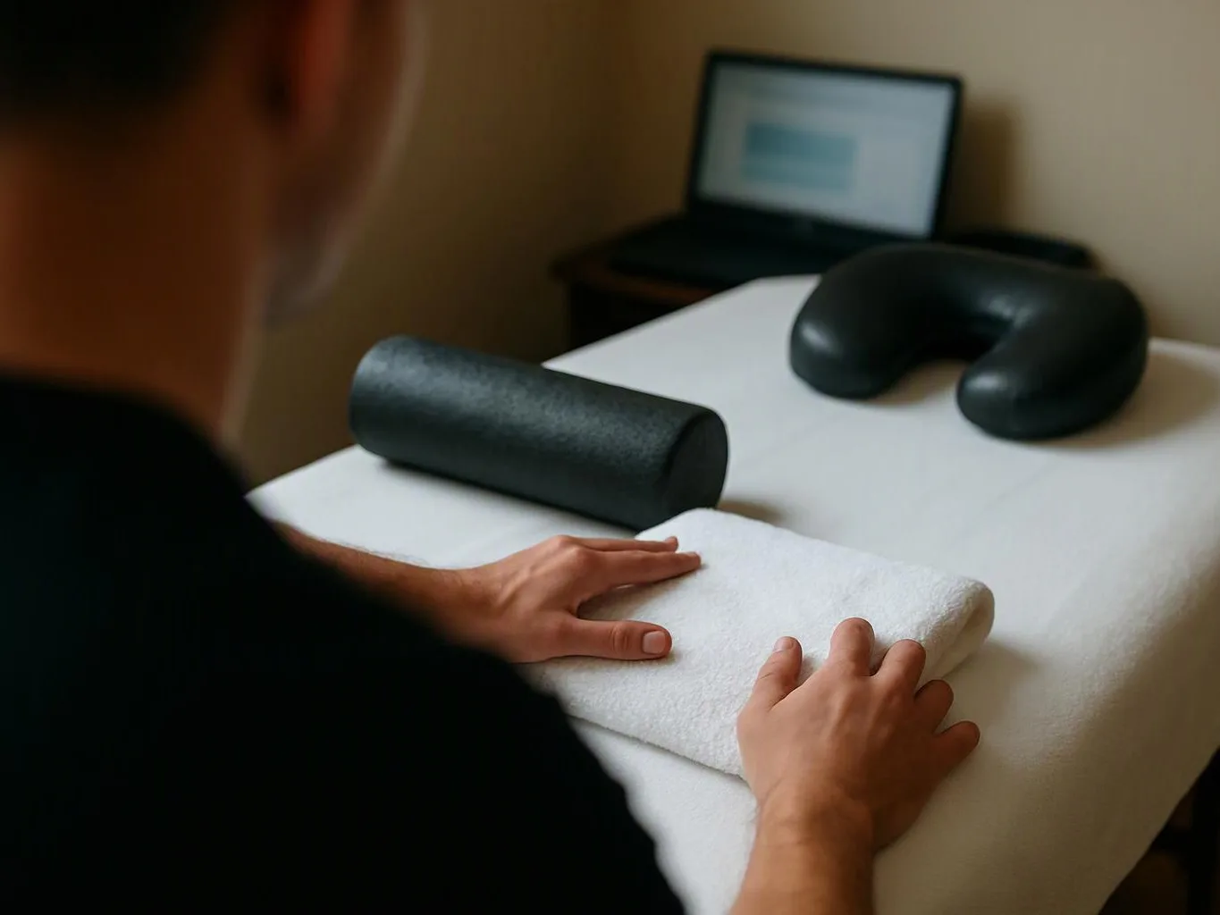 A person folds a white towel on a massage table beside black foam rollers in a quiet room