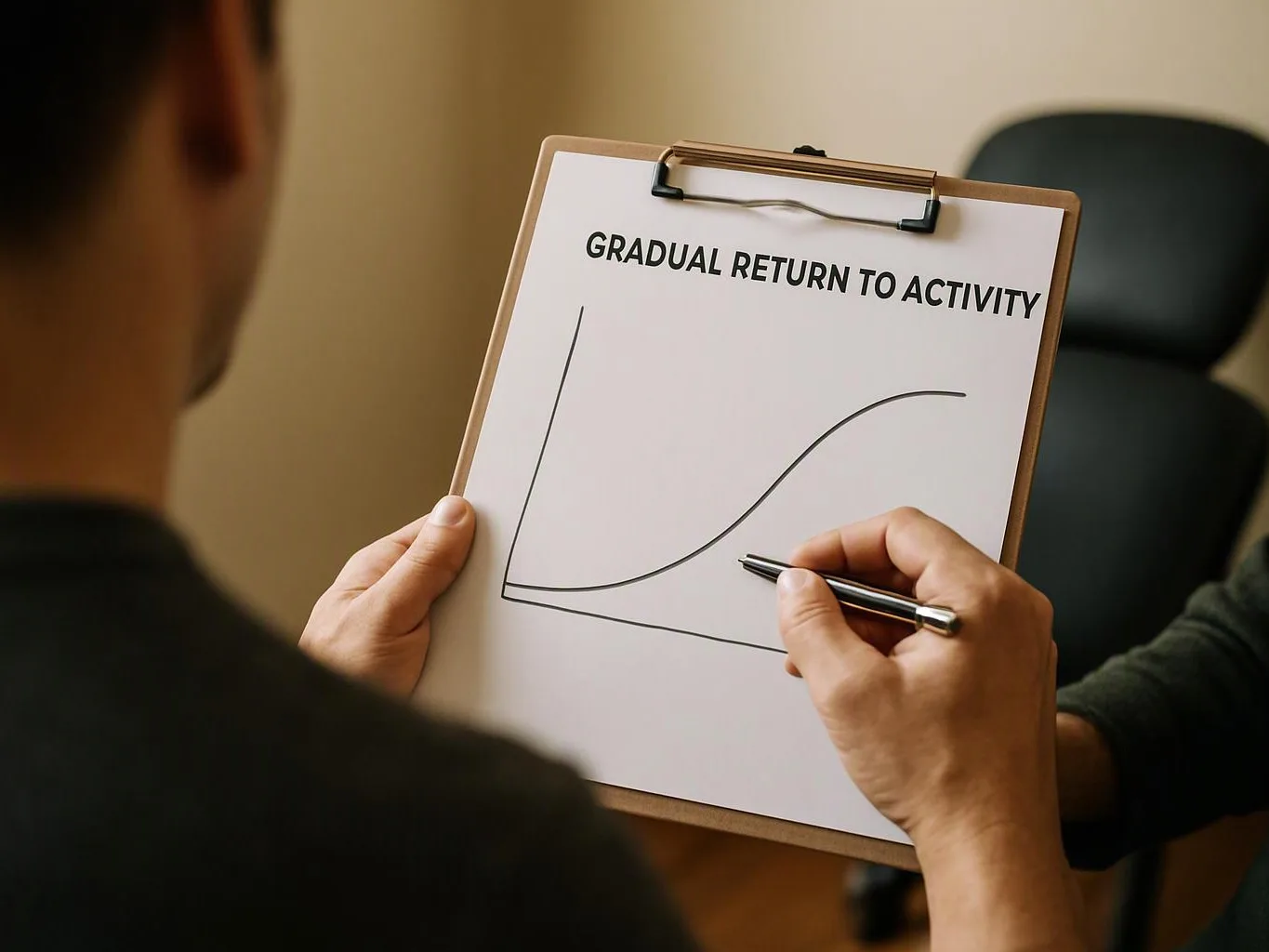 A person holds a clipboard showing “GRADUAL RETURN TO ACTIVITY” with a rising line chart and a pen poised to write