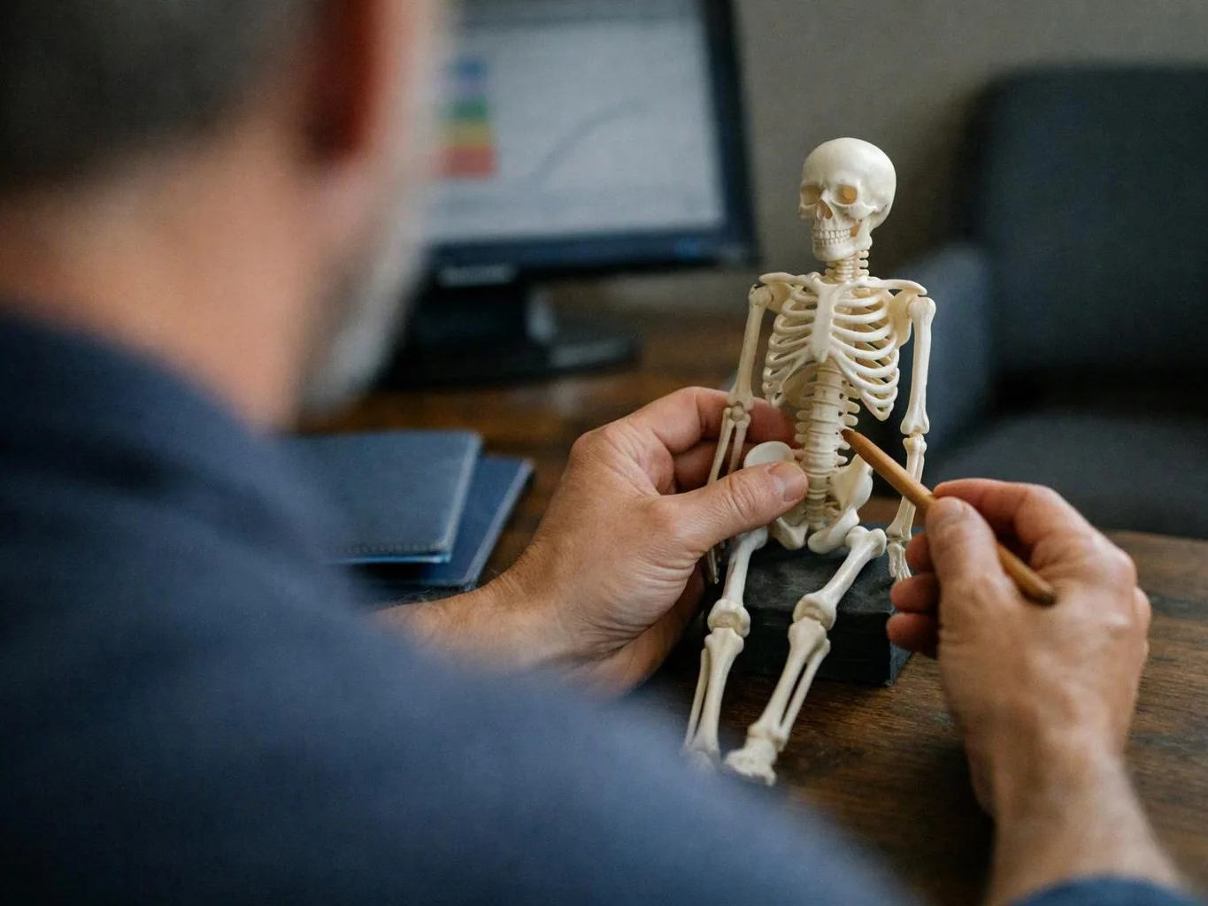 A person holds a small skeleton model and points at its ribs with a pencil at a desk