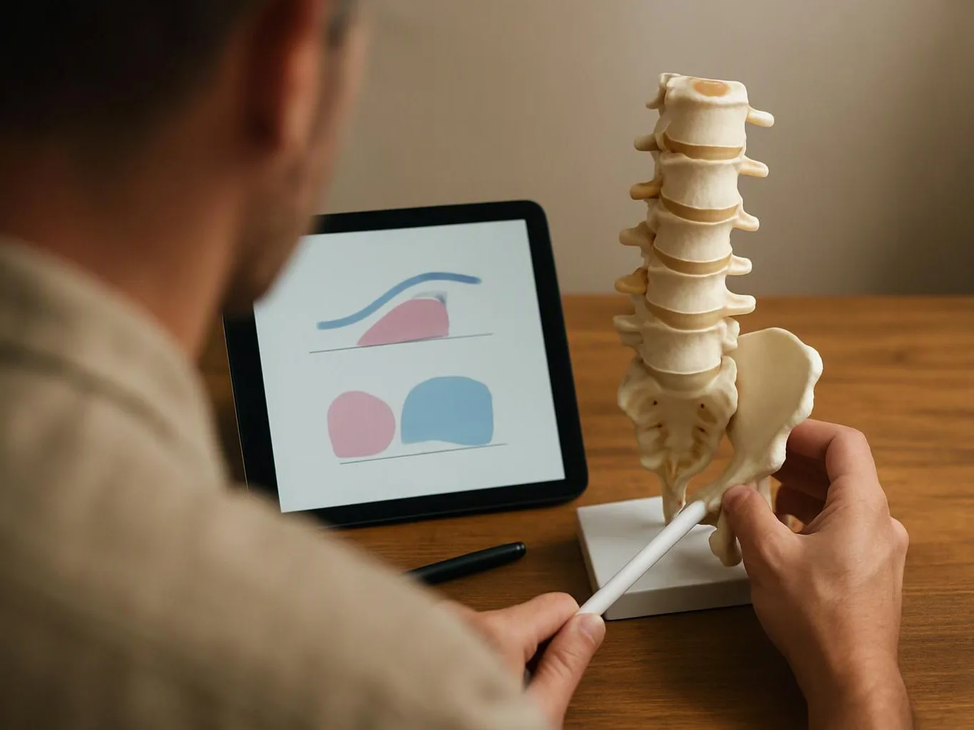 A person points at a spine model beside a tablet with simple charts on a wooden desk