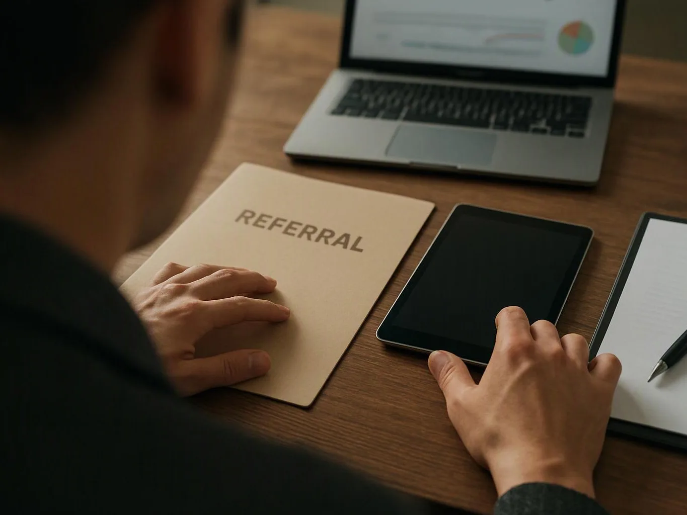 A person reaches for a tablet beside a folder labeled “REFERRAL” on a wooden desk with a laptop and notepad