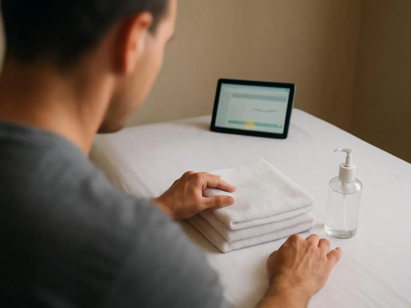 A person sits at a table beside folded towels, a pump bottle, and a small tablet screen