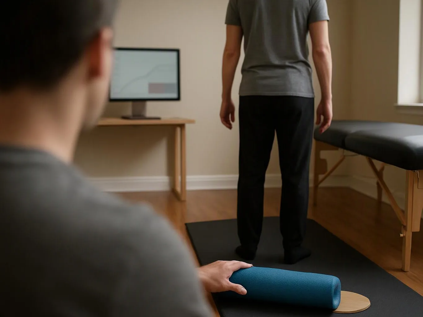 A person stands on a black mat in a treatment room while another hand holds a blue foam roller in the foreground
