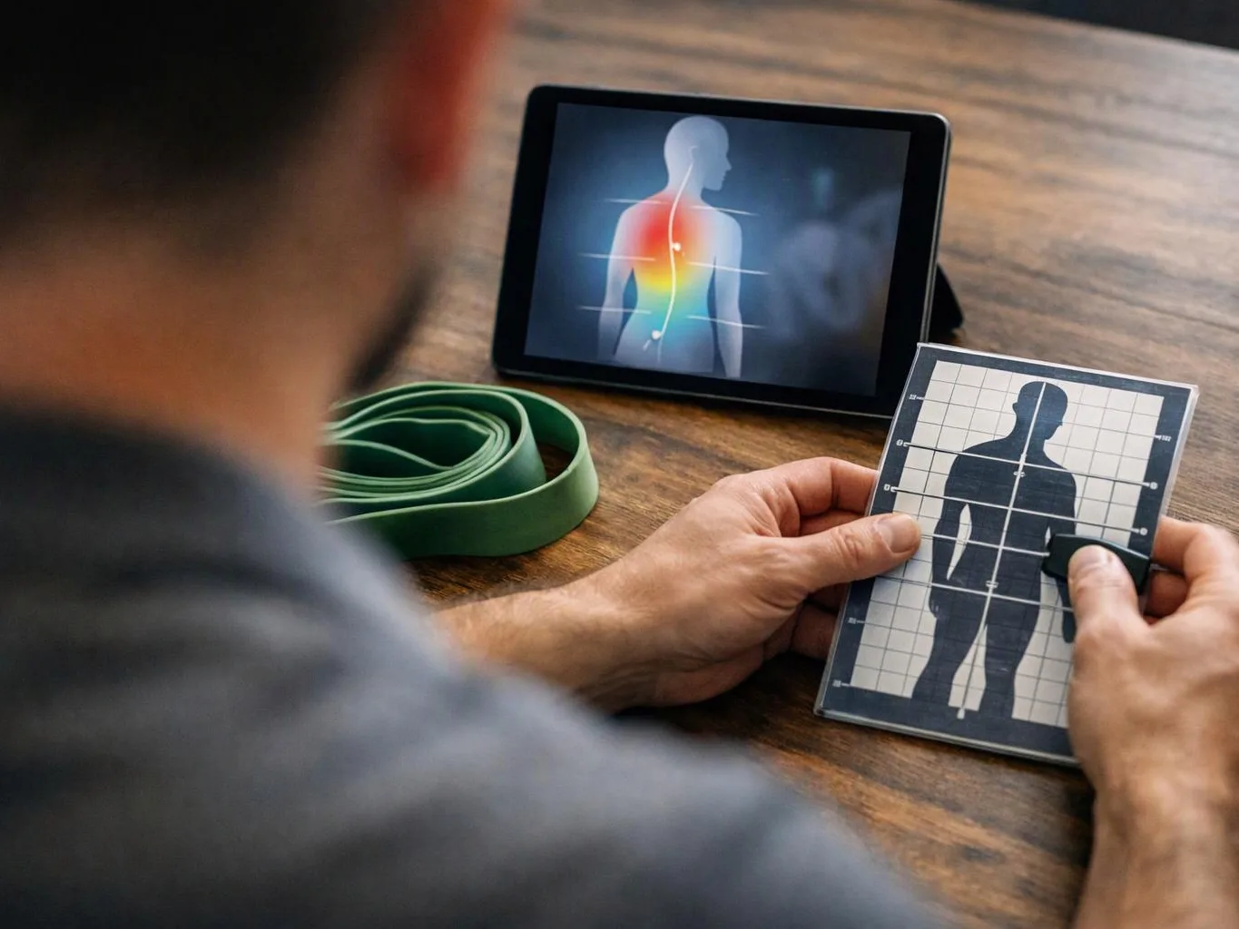 A person studies a body diagram card beside a tablet showing a glowing back on a wooden table