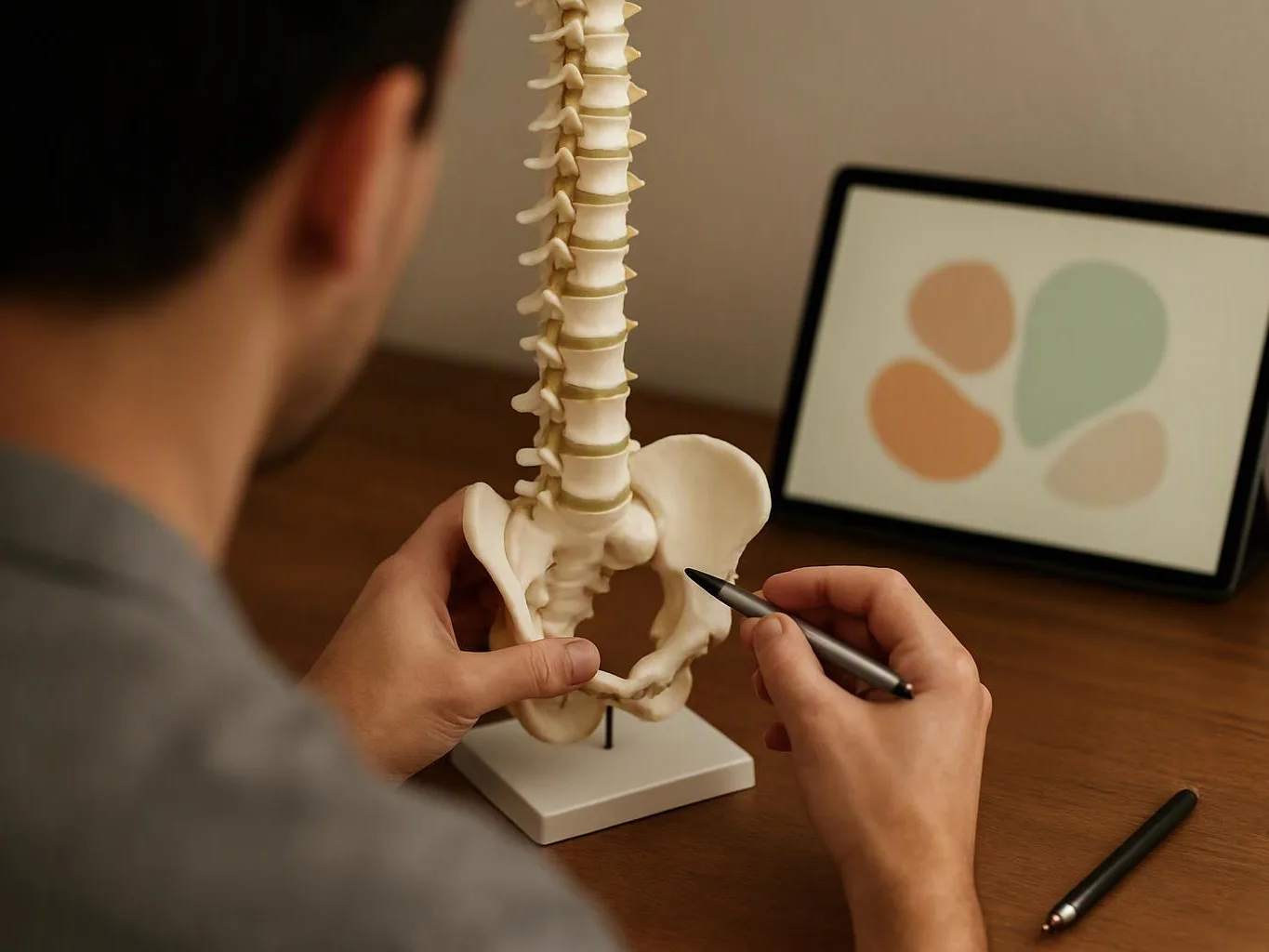 A person studies a spine model with a pen beside a tablet on a wooden desk