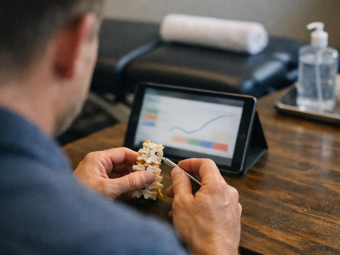 A person studies a spine model with tweezers beside a tablet and sanitizer on a wooden table