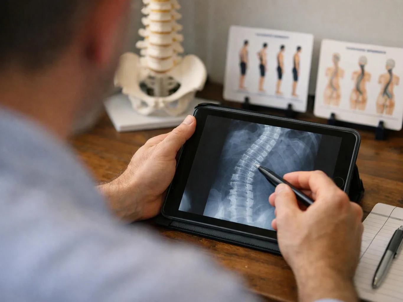 A person studies a spine X-ray on a tablet and points with a stylus at a desk with anatomy models in the background