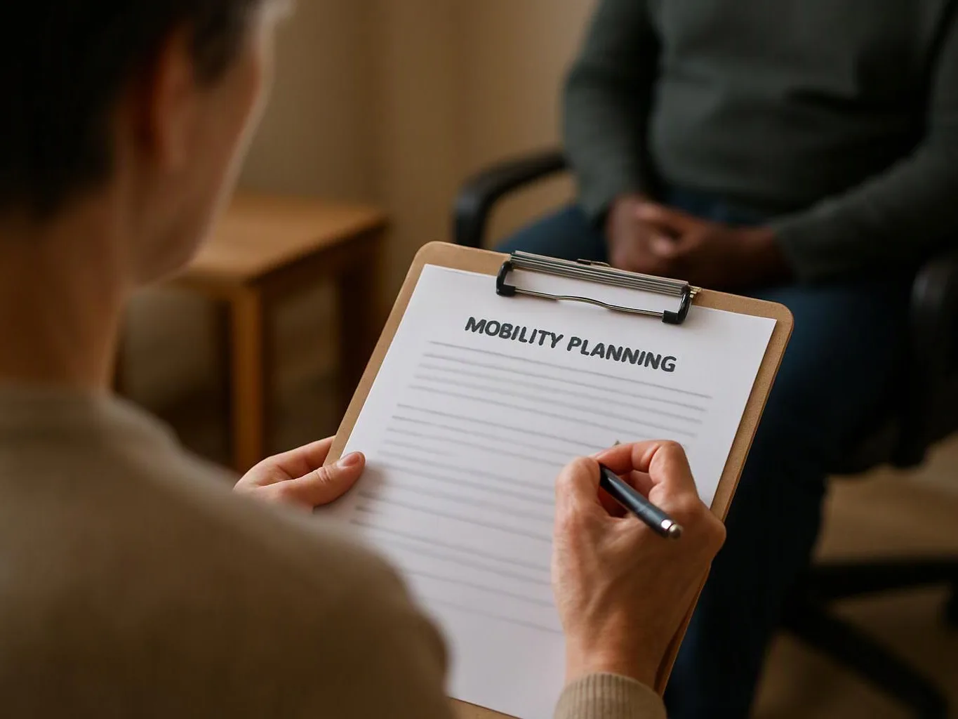 A person writes on a clipboard labeled “MOBILITY PLANNING” during a seated discussion in a room
