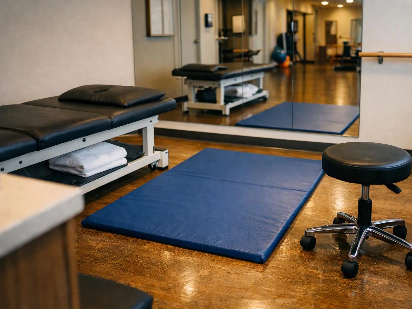 A physical therapy room shows a treatment table, blue floor mat, stool, and wall mirror