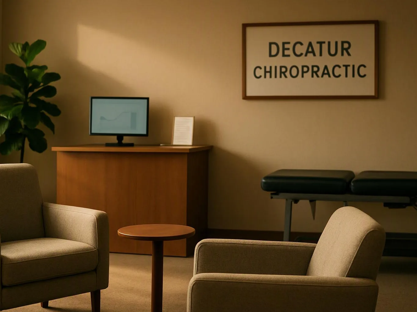 A quiet chiropractic waiting room shows two armchairs, a small table, a desk, and an exam table beside a wall sign