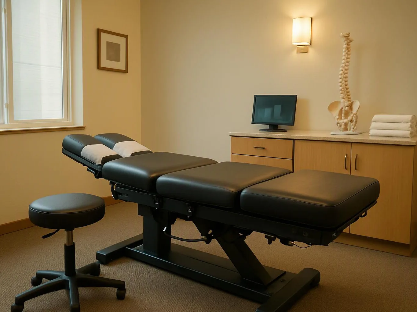 A quiet exam room has a black treatment table, stool, monitor, and spine model beside cabinets and a window