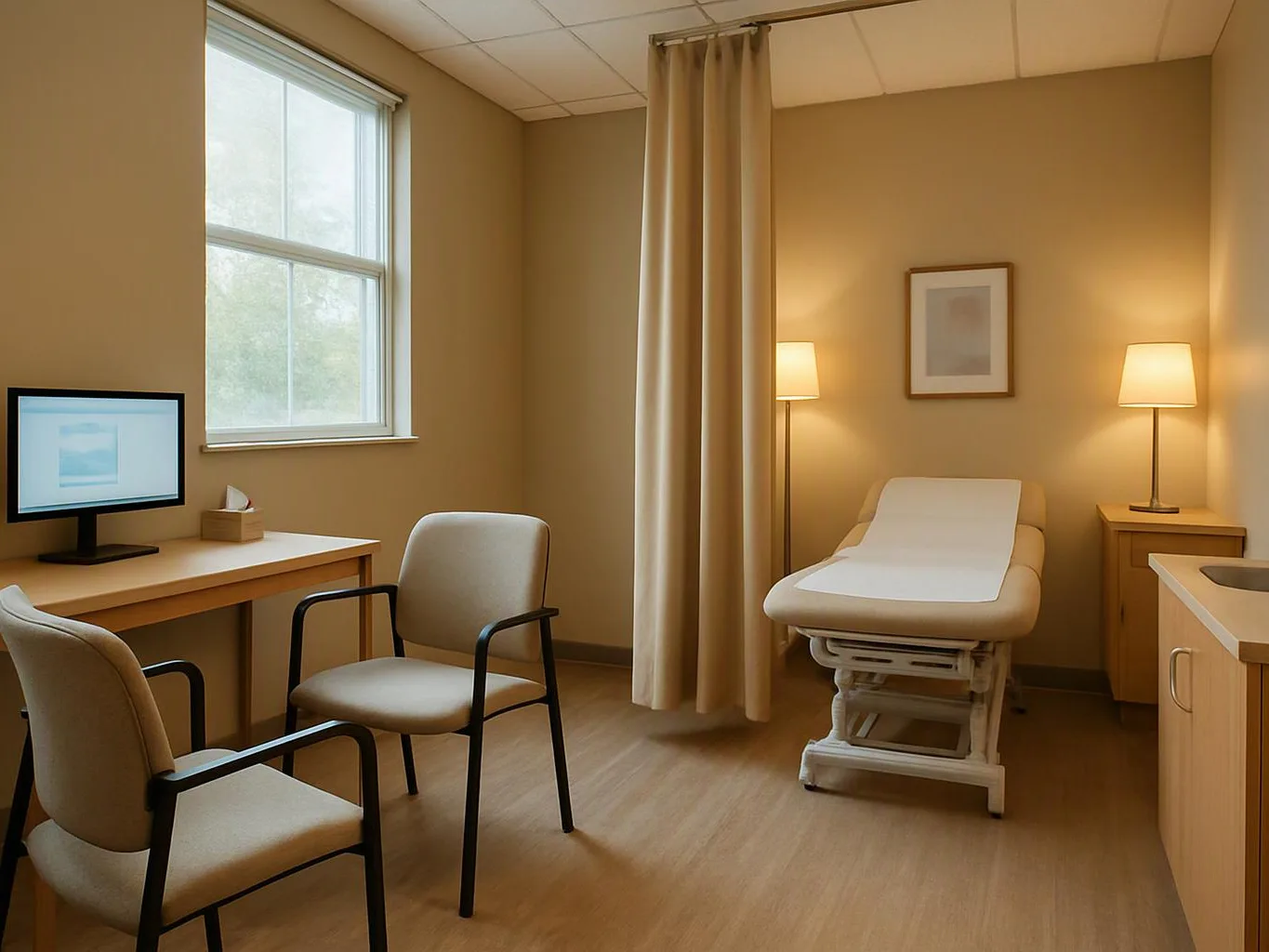 A quiet exam room has a paper-covered table, two chairs, a desk with a monitor, and two lamps lit softly