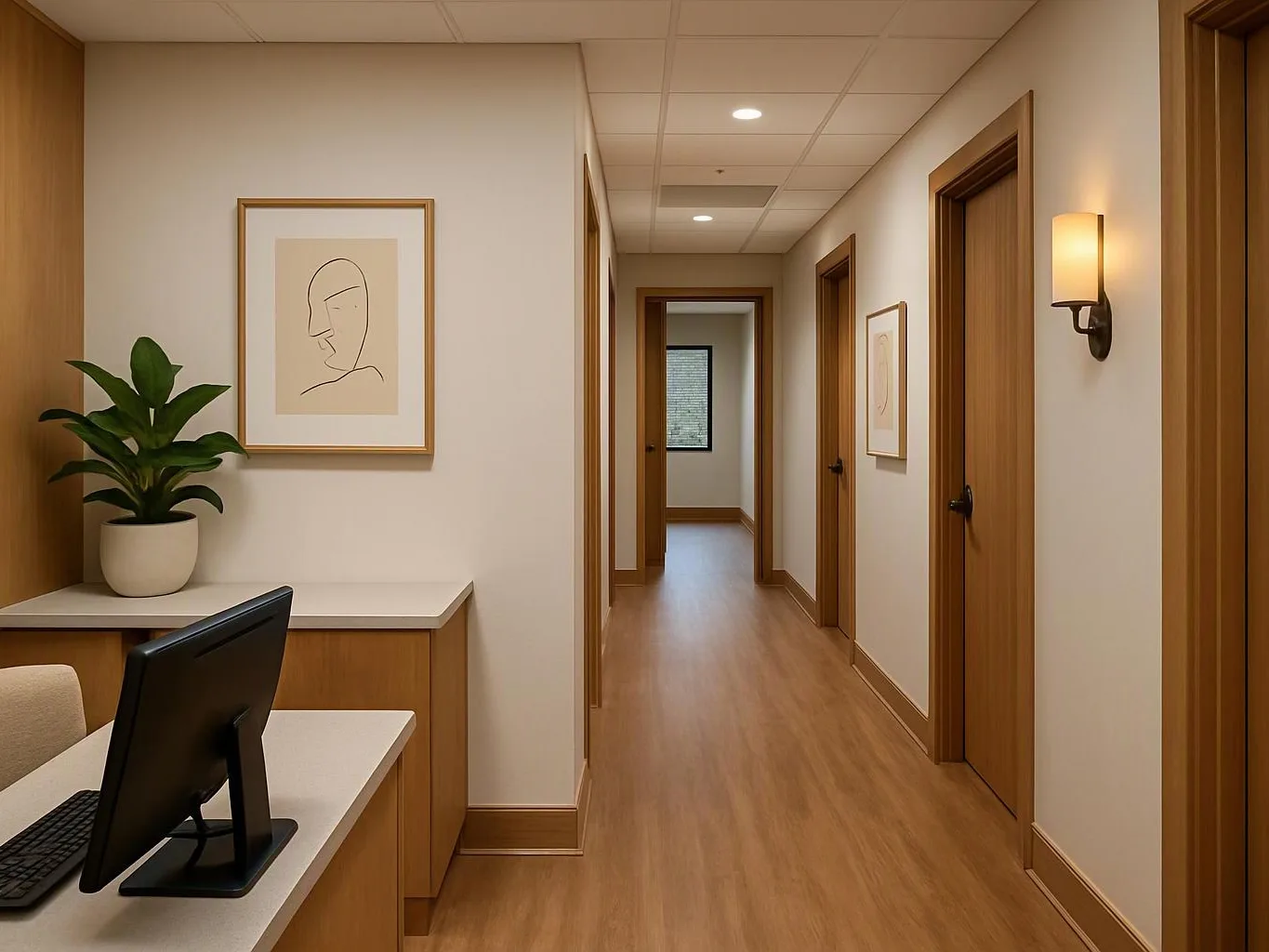 A quiet office hallway with wood doors, framed art, a potted plant, and a computer desk in the foreground