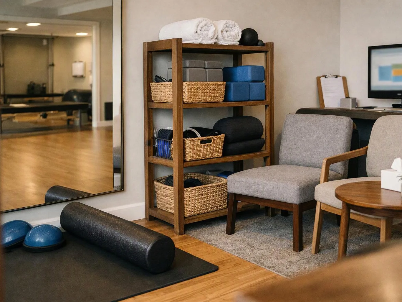 A quiet therapy room shows exercise gear, wicker baskets, two chairs, a desk, and a wall mirror