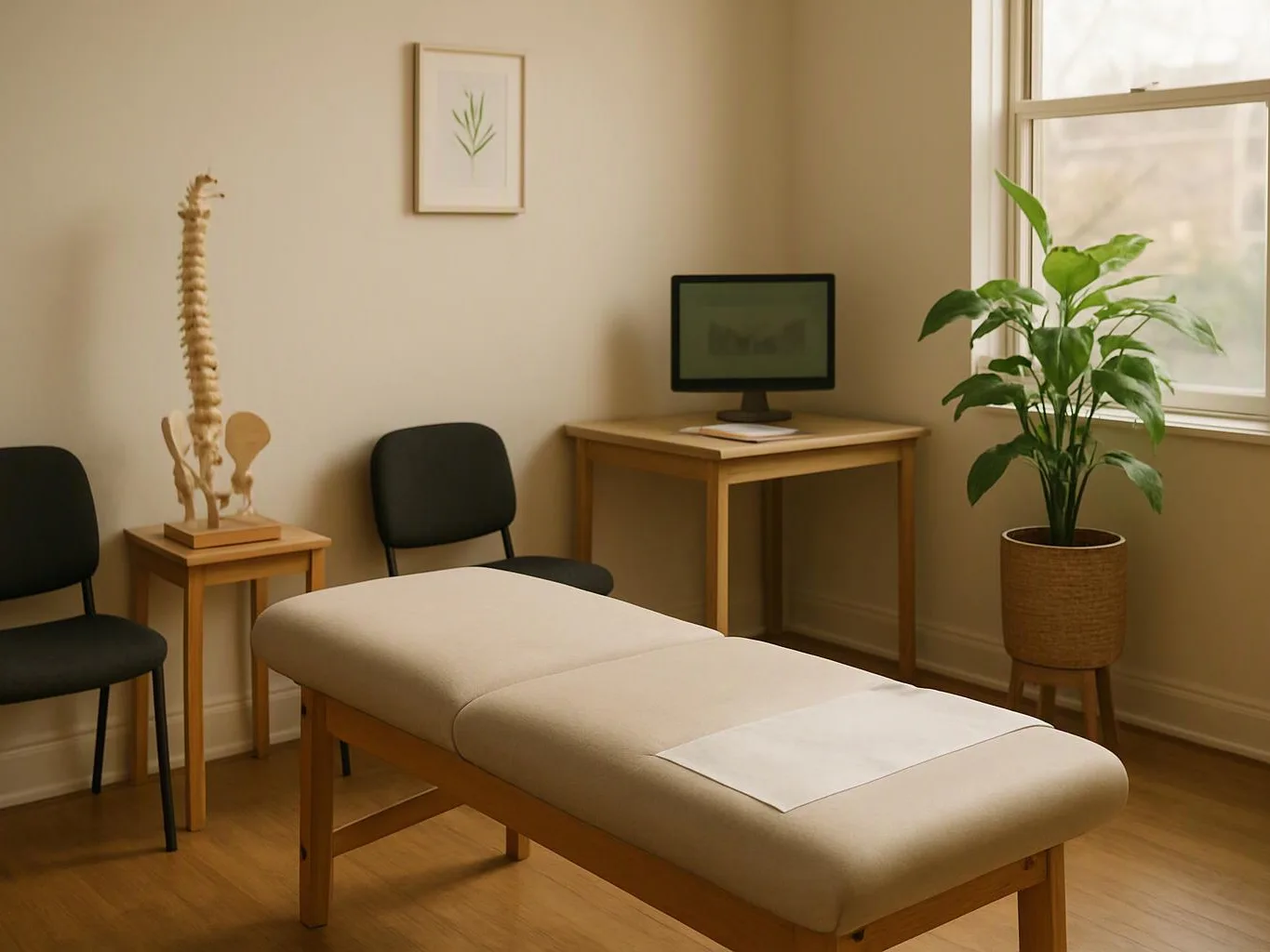 A quiet treatment room holds a massage table, chairs, a desk with a monitor, and a potted plant by the window