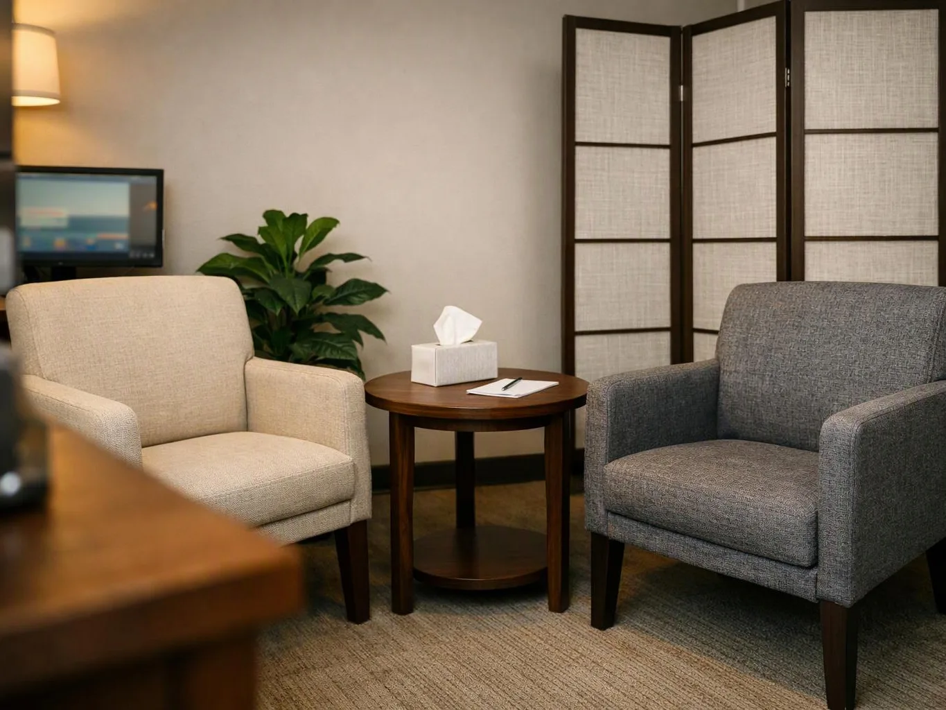 A quiet waiting room has two armchairs, a round table with tissues, a plant, and a folding screen