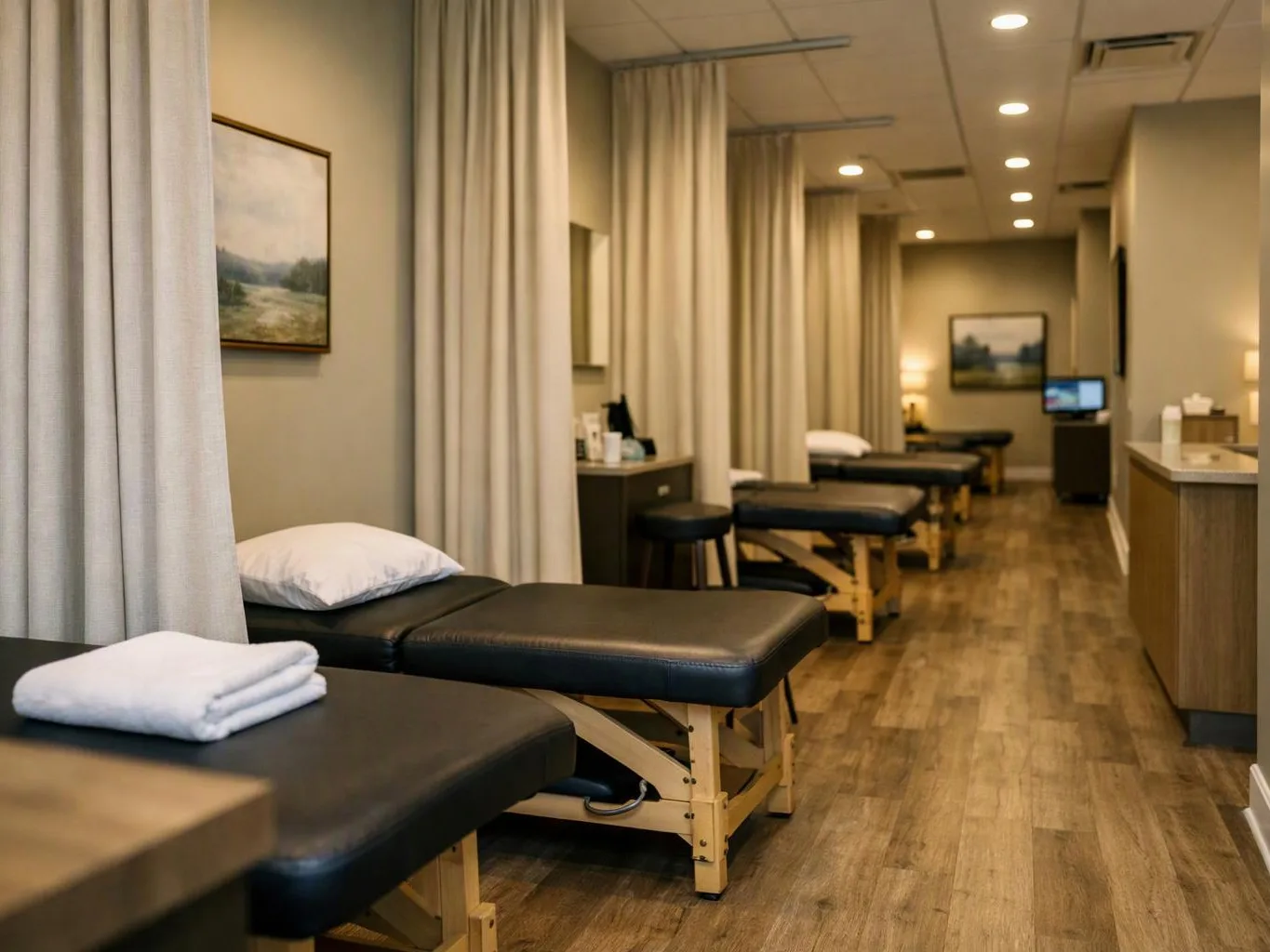 A row of massage tables lines a quiet treatment room with curtains, wood floors, and soft ceiling lights