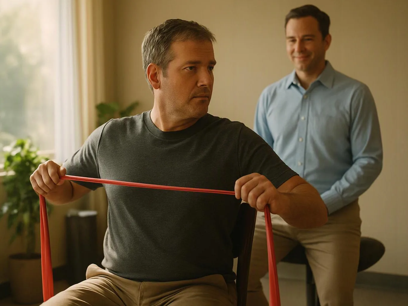 A seated man stretches a red resistance band while another man stands behind him in a bright room