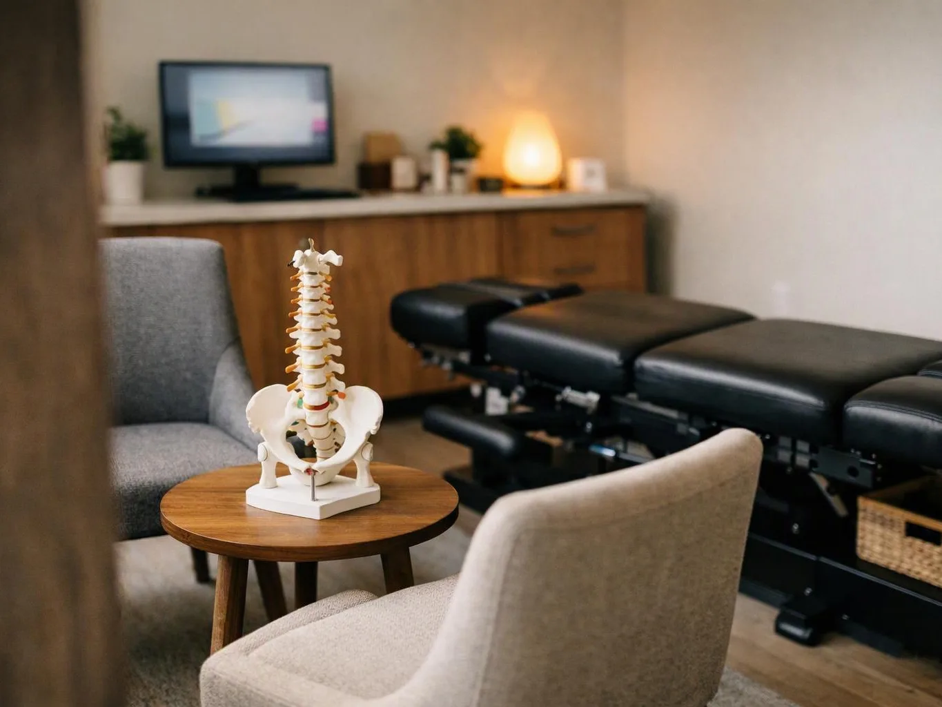 A small clinic room shows a spine model on a round table beside chairs and an exam table