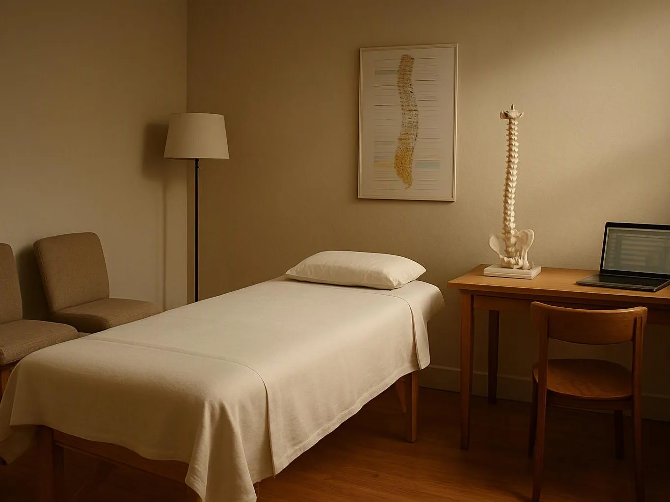 A small exam room shows a treatment table, desk, laptop, floor lamp, chairs, and spine model under warm lighting