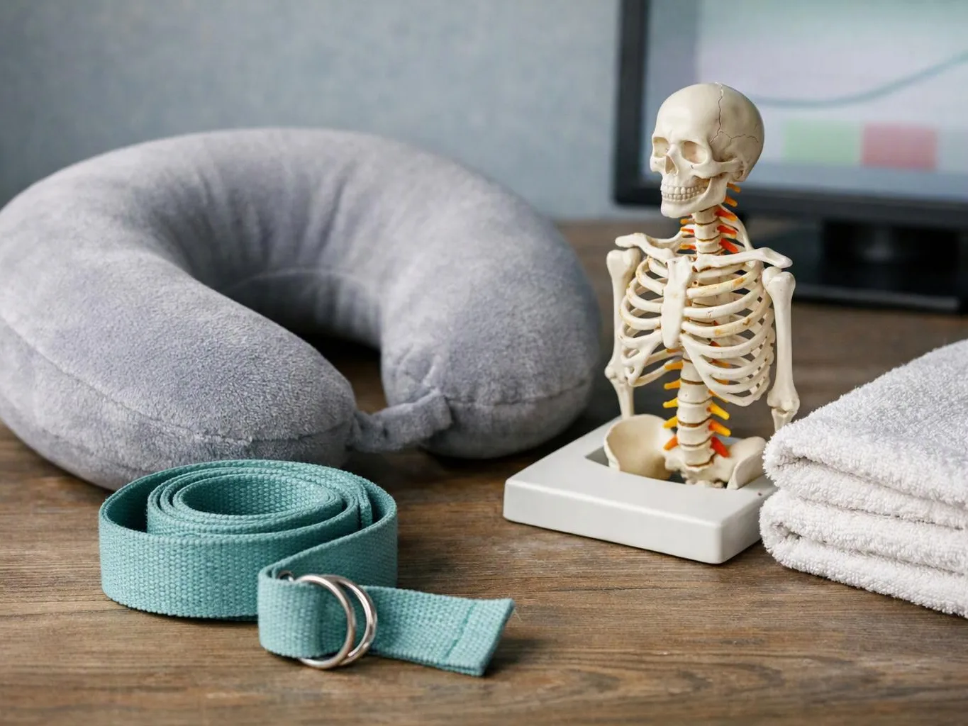 A small skeleton model sits beside a gray neck pillow, rolled strap, folded towels, and a monitor on a wooden table