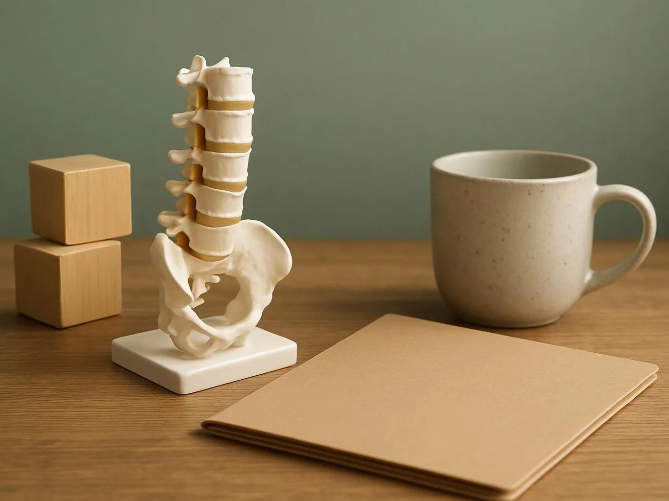 A small spine model sits on a table beside a mug, wooden blocks, and a folded notebook