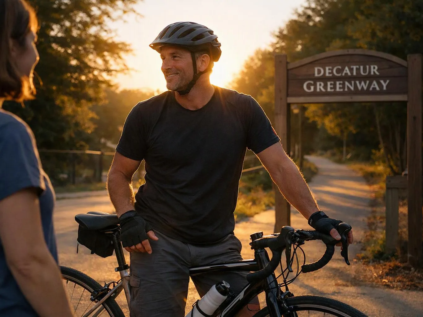 A smiling cyclist in a helmet stands with his bike on a sunlit path beside a sign reading "DECATUR GREENWAY"