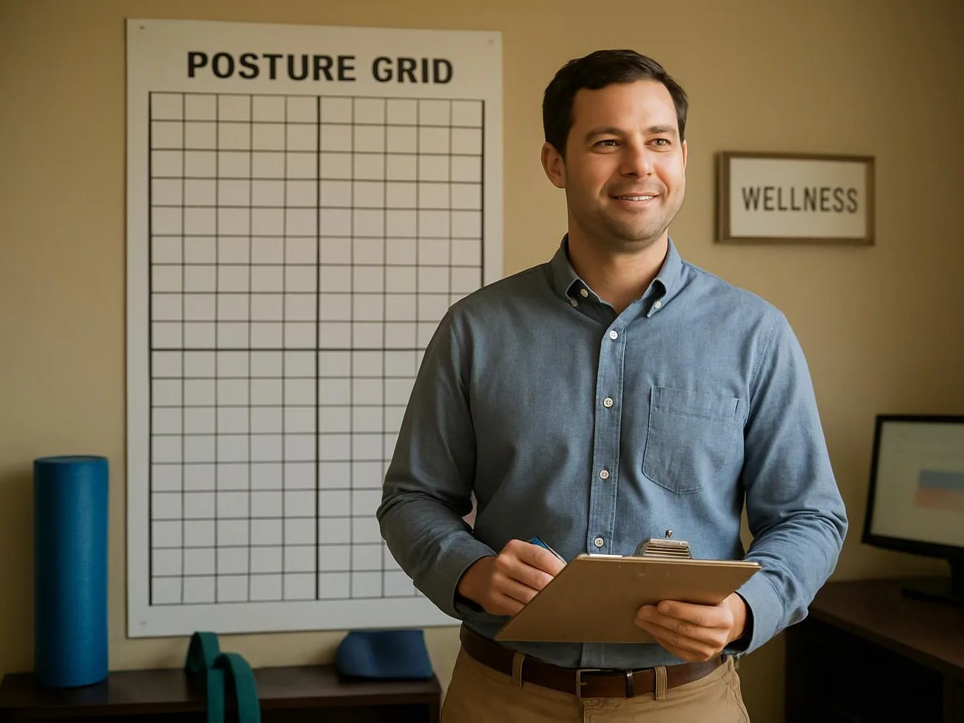 A smiling man holds a clipboard in a wellness room with a posture grid chart on the wall