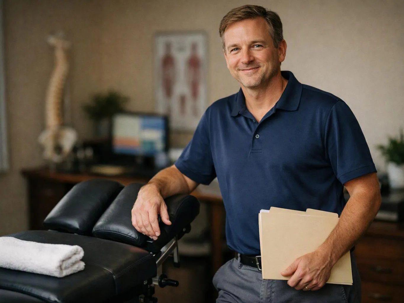 A smiling man stands beside a chiropractic table, holding folders in a treatment room