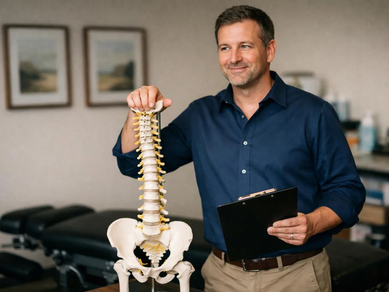 A smiling man stands beside a spine model in a clinic room and holds a clipboard