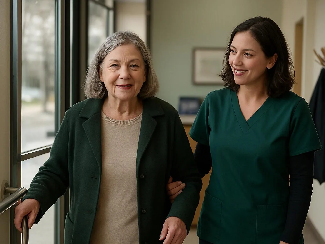 A smiling nurse supports an older woman entering a bright hallway through a glass door