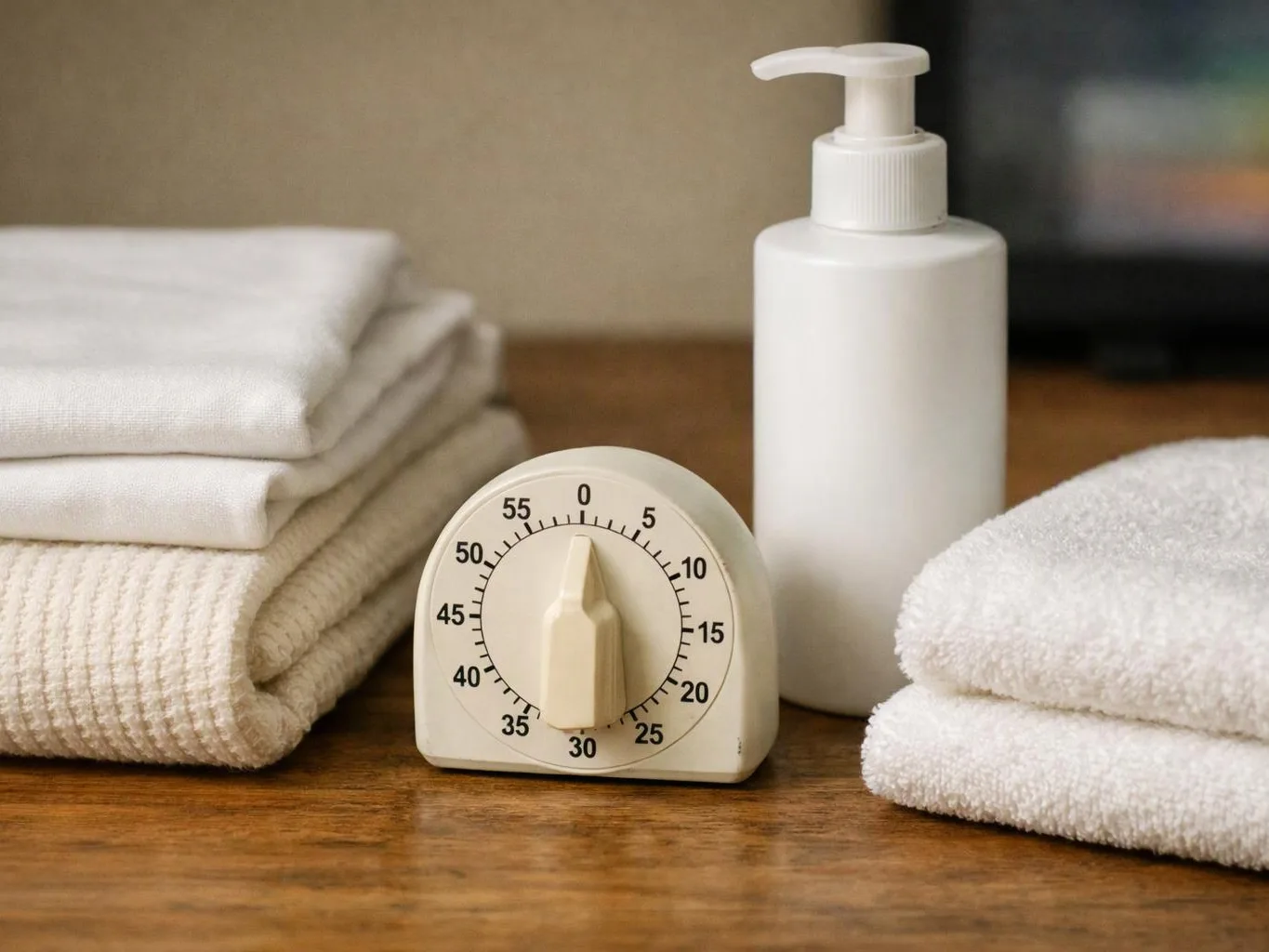 A soap dispenser, timer, folded towels, and stacked cloths sit on a wooden surface