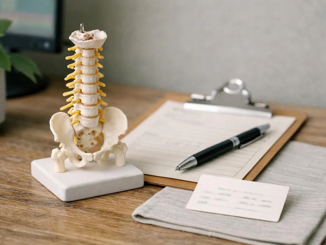 A spine model sits beside a clipboard, pen, and business card on a wooden desk