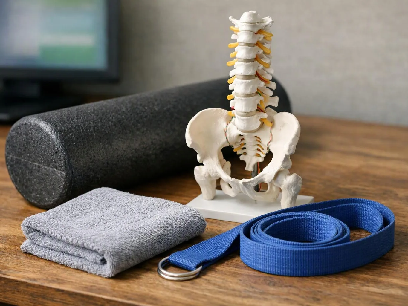 A spine model sits beside a foam roller, folded towel, and blue yoga strap on a wooden surface
