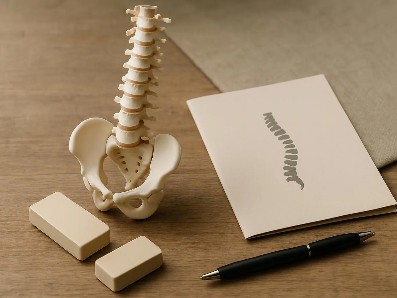 A spine model stands beside a paper with a spine drawing, erasers, and a pen on a wooden desk