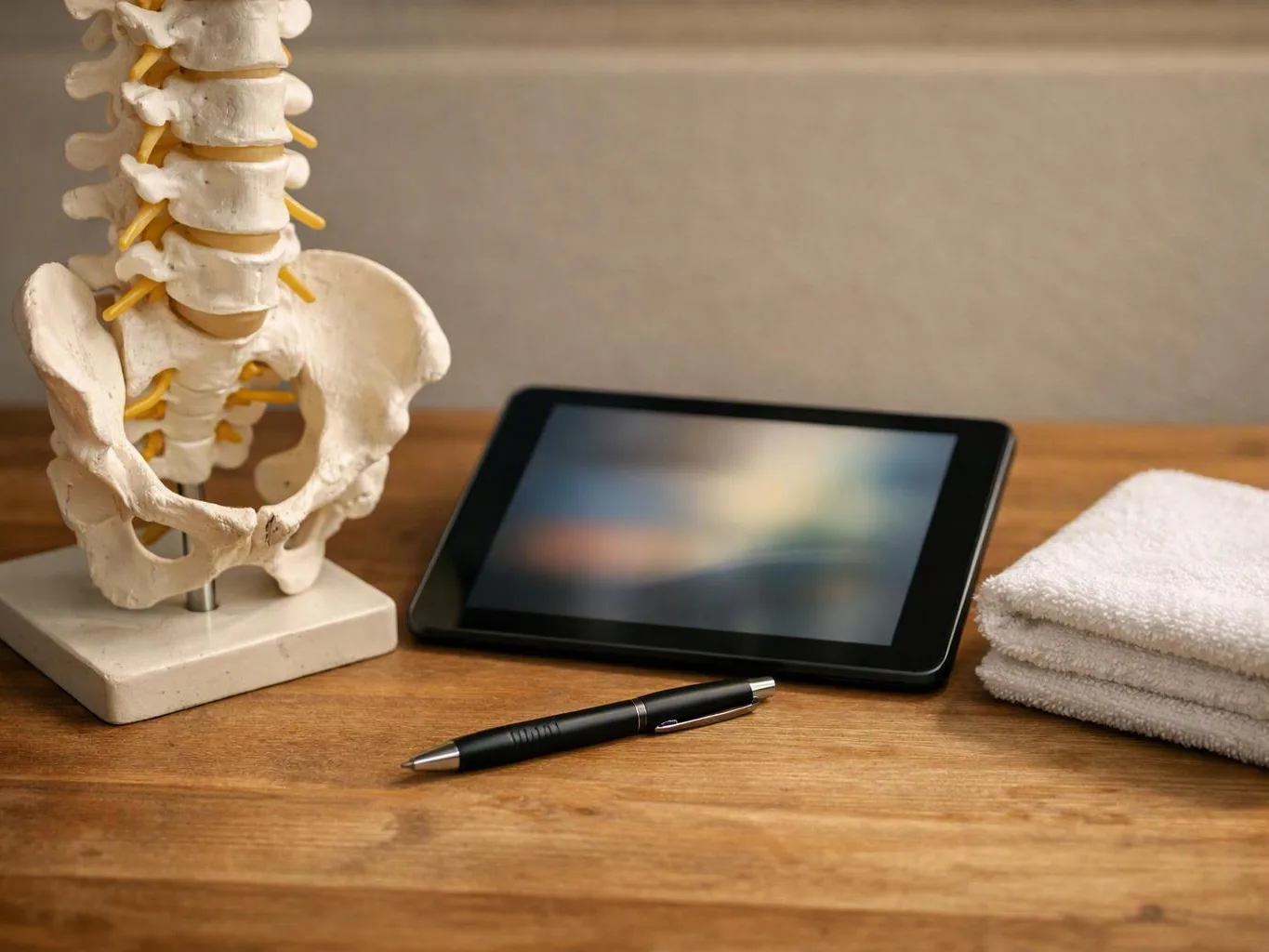A spine model, tablet, pen, and folded towels sit on a wooden table
