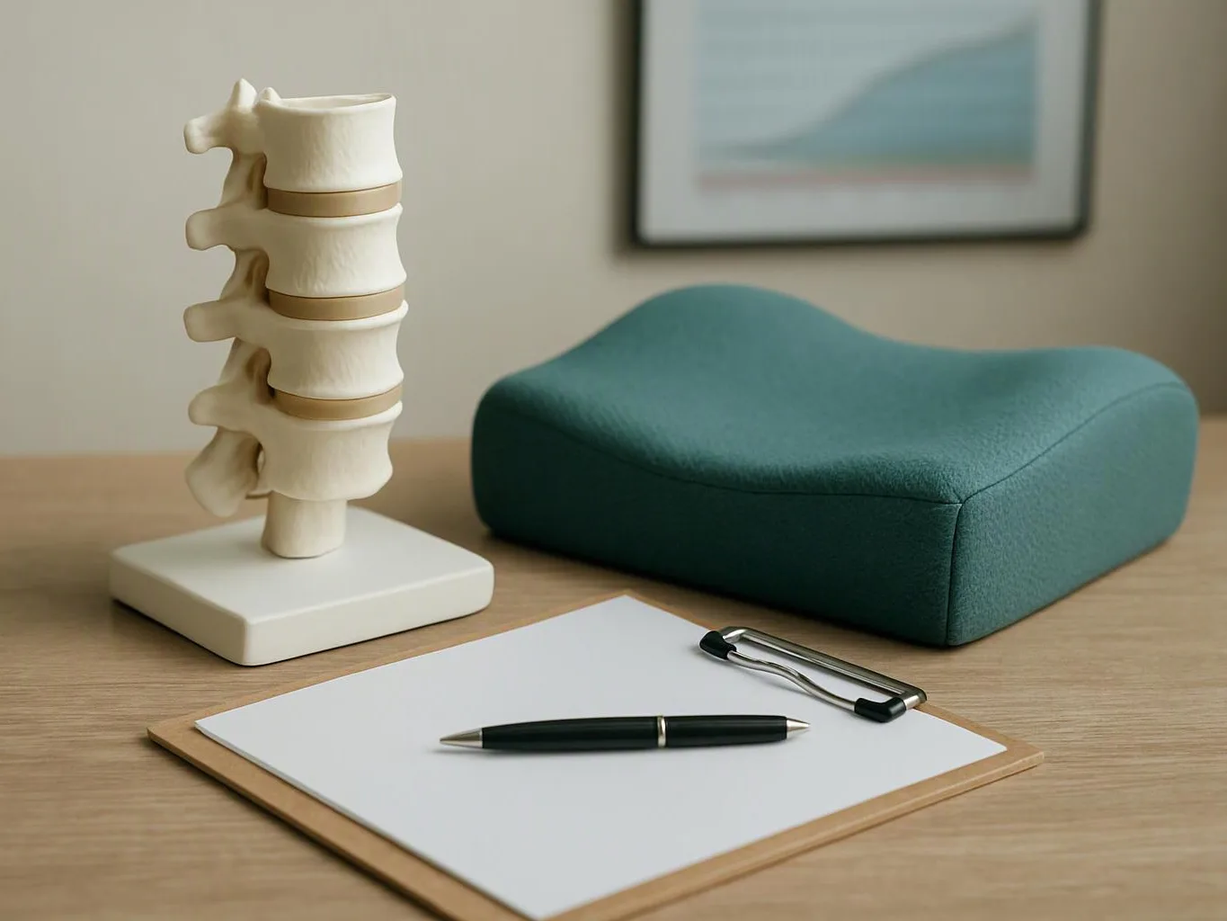 A spine model, teal cushion, pen, and clipboard sit on a desk in a quiet office setting