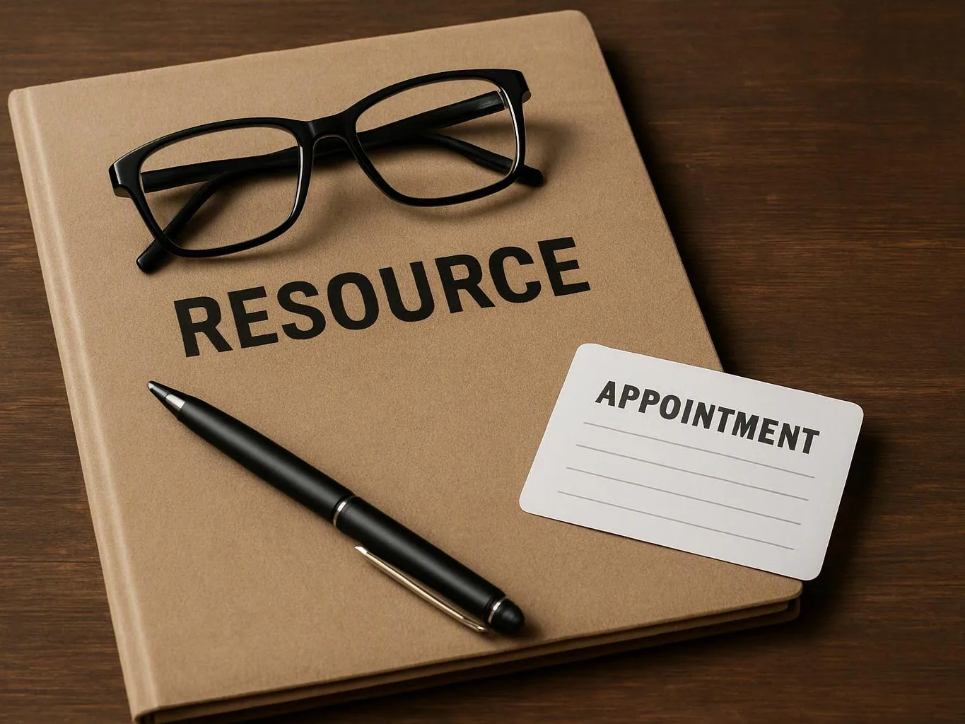 A tan notebook labeled RESOURCE sits on a wooden table with glasses, a pen, and an APPOINTMENT card on top