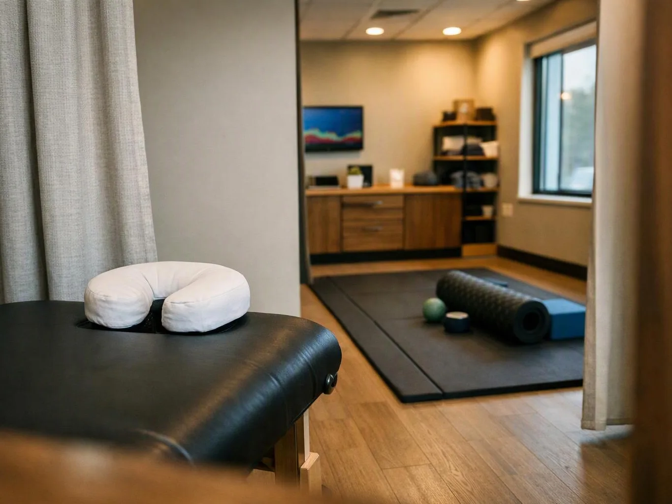 A therapy room with a black treatment table, white neck pillow, exercise mat, foam roller, and windowed office space