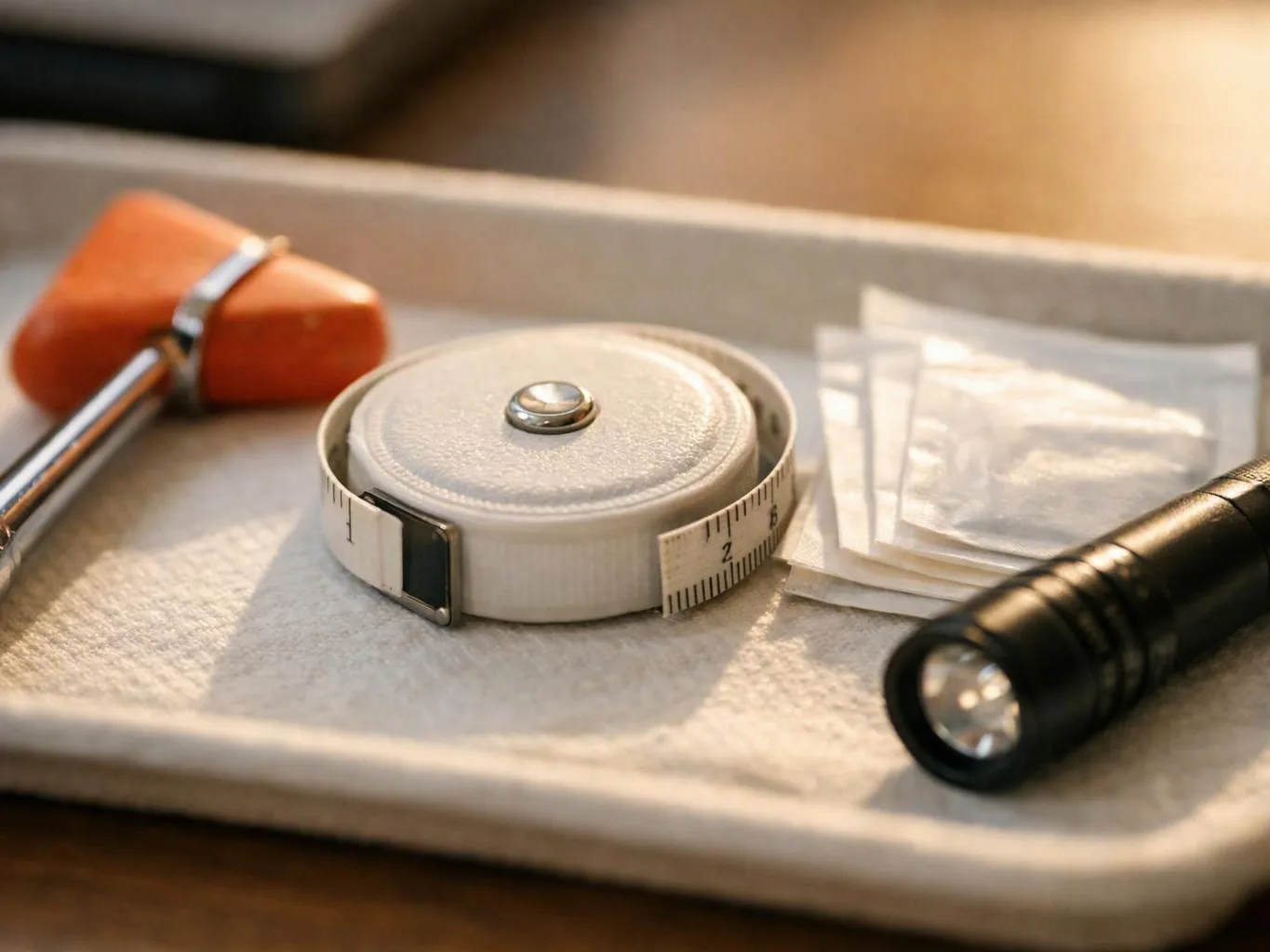 A tray holds a tape measure, orange-handled tool, small packets, and a black flashlight in warm light
