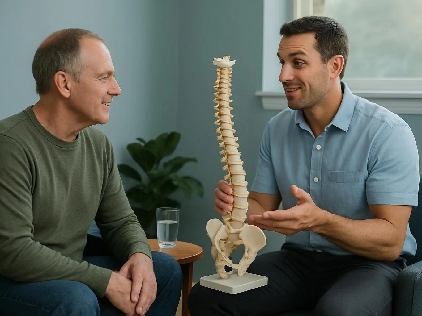 Two men sit in a clinic office, one holding a spine model while they talk and smile