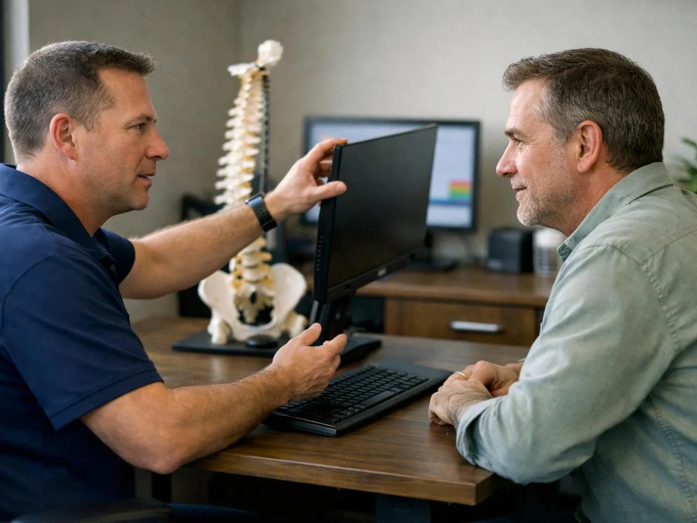 Two men sit at a desk, one adjusting a computer monitor while a spine model stands behind them in an office