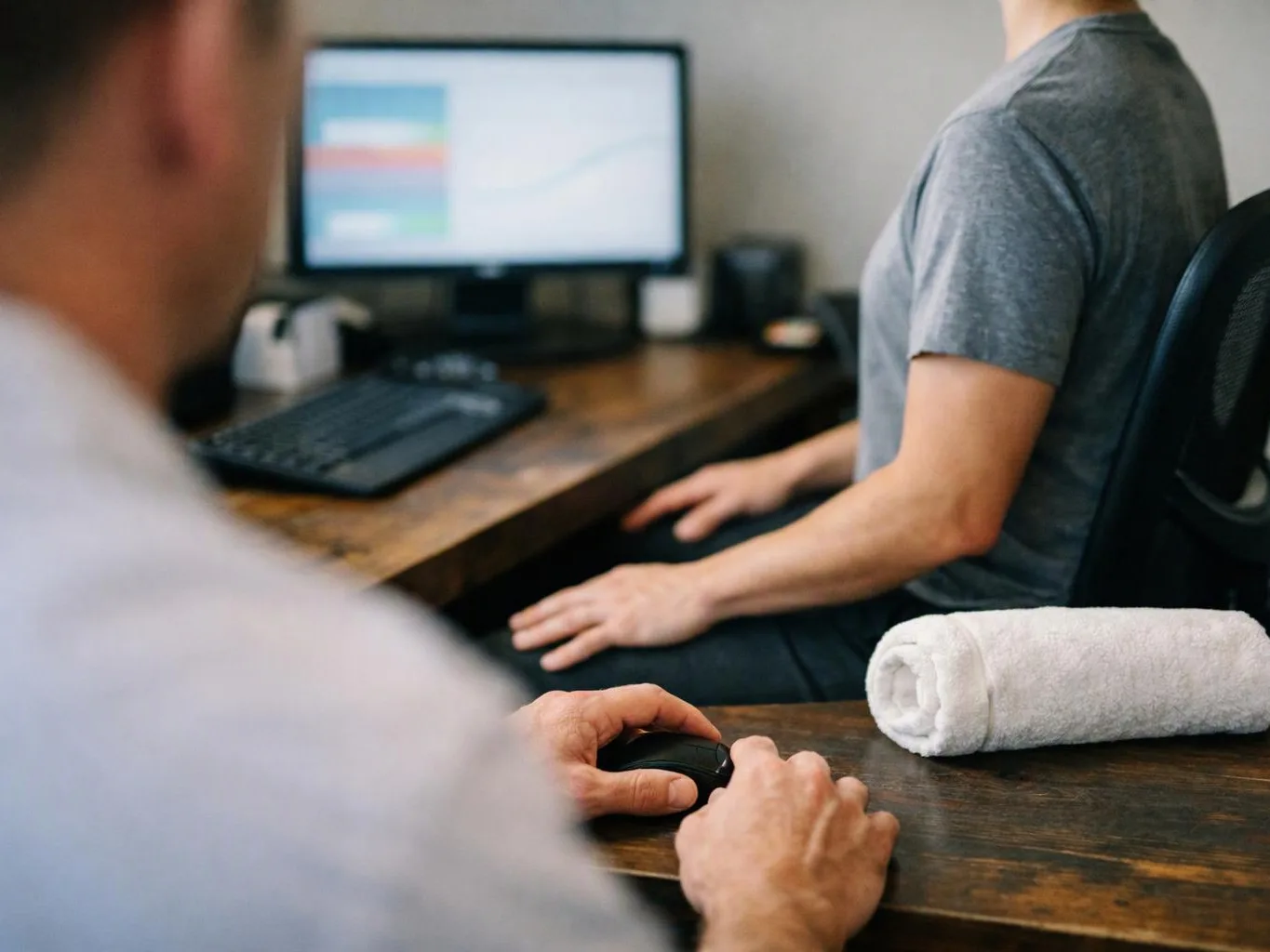 Two men sit at a desk, one using a mouse while a computer monitor glows in the background