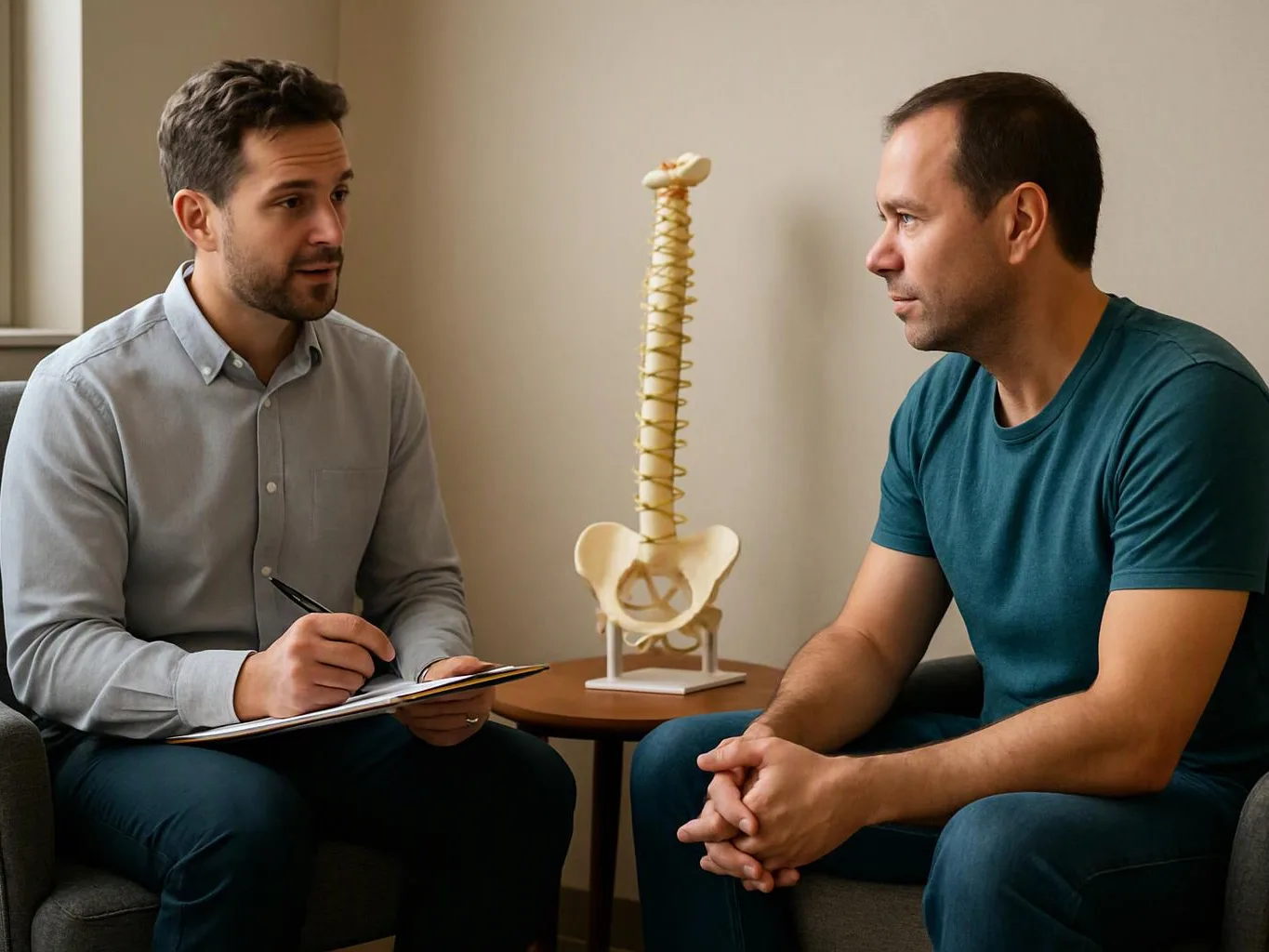 Two men sit facing each other in a room, with one writing notes beside a spine model on a small table
