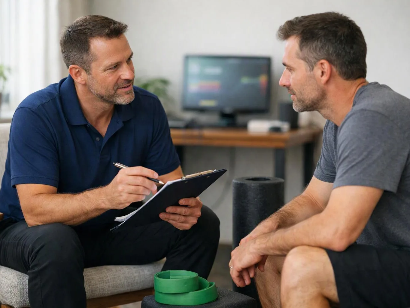 Two men sit facing each other, talking while one writes on a clipboard in a bright room