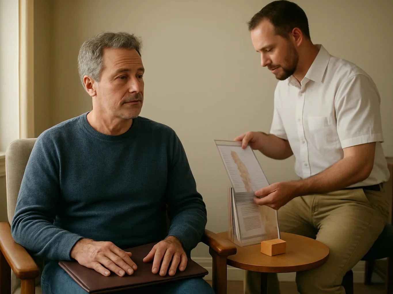 Two men sit in a plain room, one holding a folder while the other listens with hands on a leather pad
