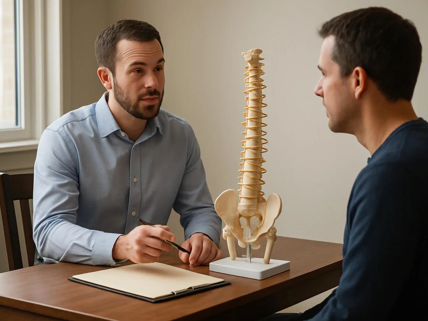 Two men sit at a table, one speaking with a spine model between them in a bright room